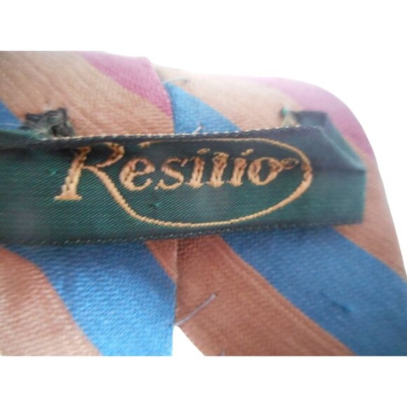 Vintage Resilio Striped Cream Brown Teal Burgundy Mens Tie Necktie Estate Find - Picture 2 of 5